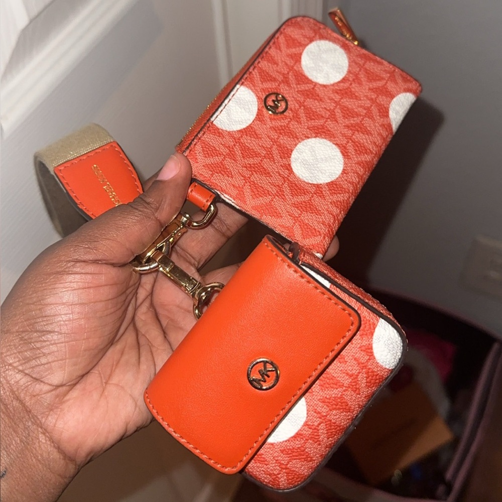Michael Kors Orange and White Polka Dot Wallet Set